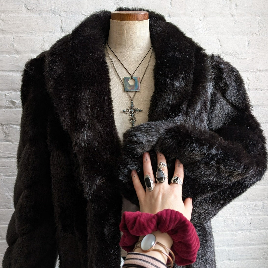 Vintage Black Faux Fur Coat Shaggy Mob Wife Grunge Minimalist Glam Cozy Jacket