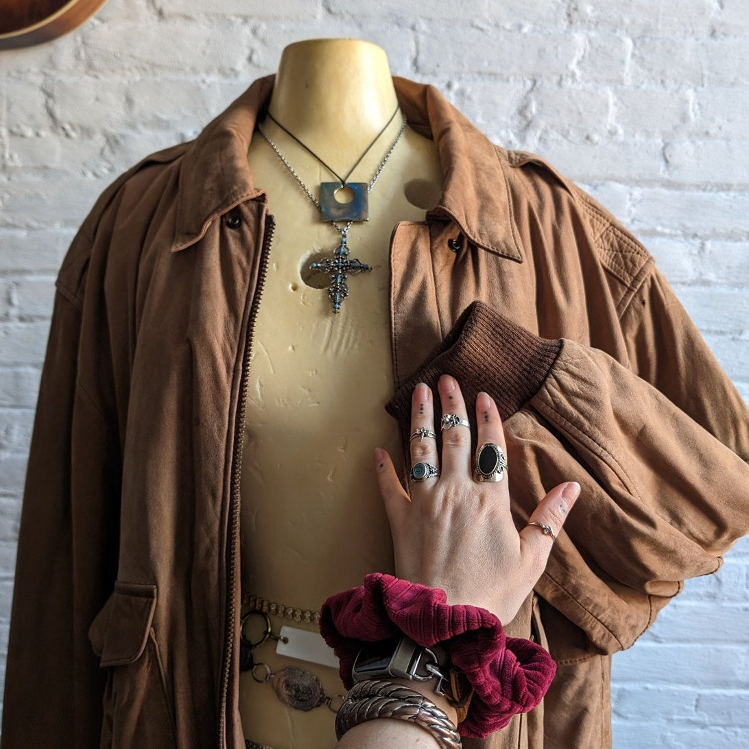 Vintage Brown Genuine Leather Bomber Jacket Aviator Earthtone Pilot Neutral Coat