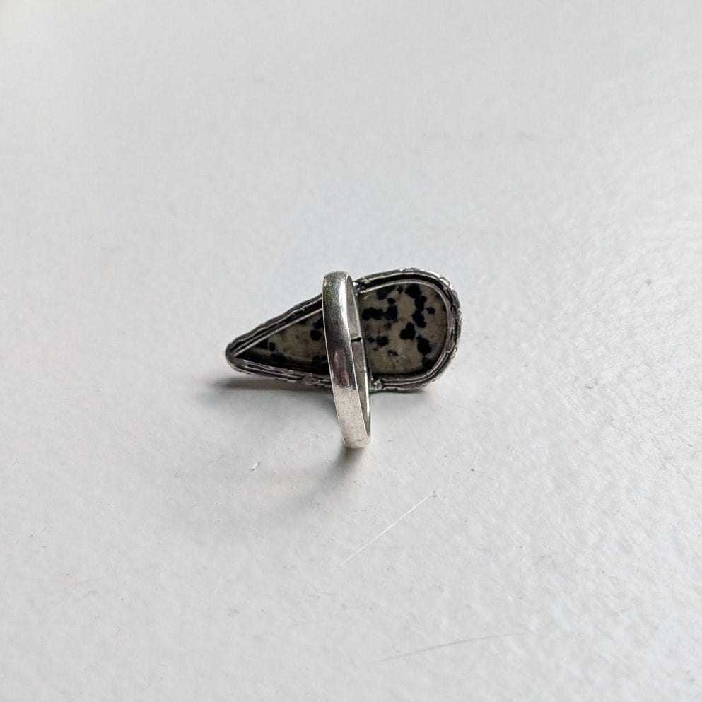 Cream Spotted Boho Statement Ring Sz 9.5 Sterling Silver Vintage Southwest Oval