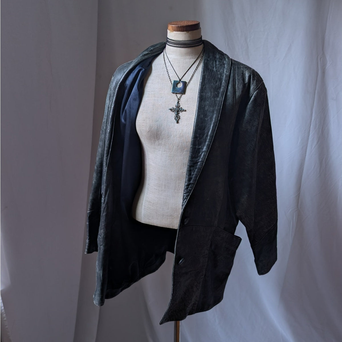 90s Vintage Black Leather Trench Coat L Slouchy Model Off Duty Leather Jacket