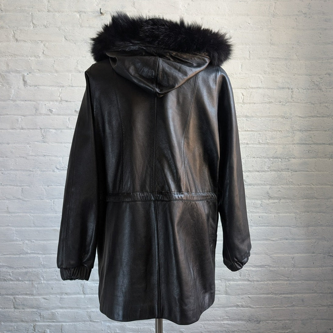 Vintage Black Leather Jacket Fox Fur Coat Sexy Black Leather Trench Coat Medium