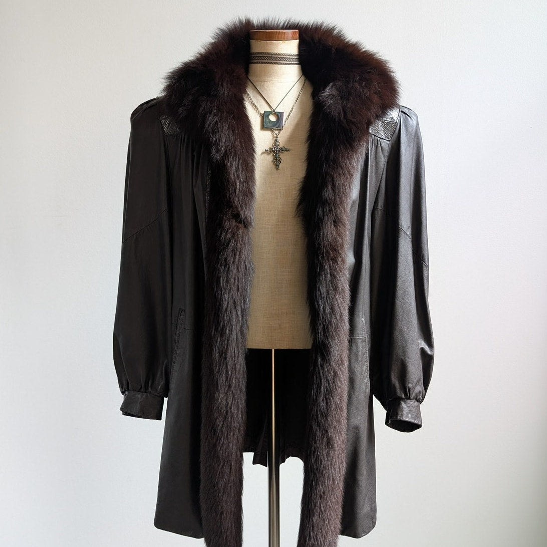 Vintage Black Leather Trench Coat Fur Penny Lane Jacket Goth Minimalist Large