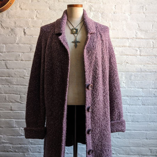 Vintage Purple Knit Long Wool Cardigan Shaggy Oversize Lavender Boho Sweater Top