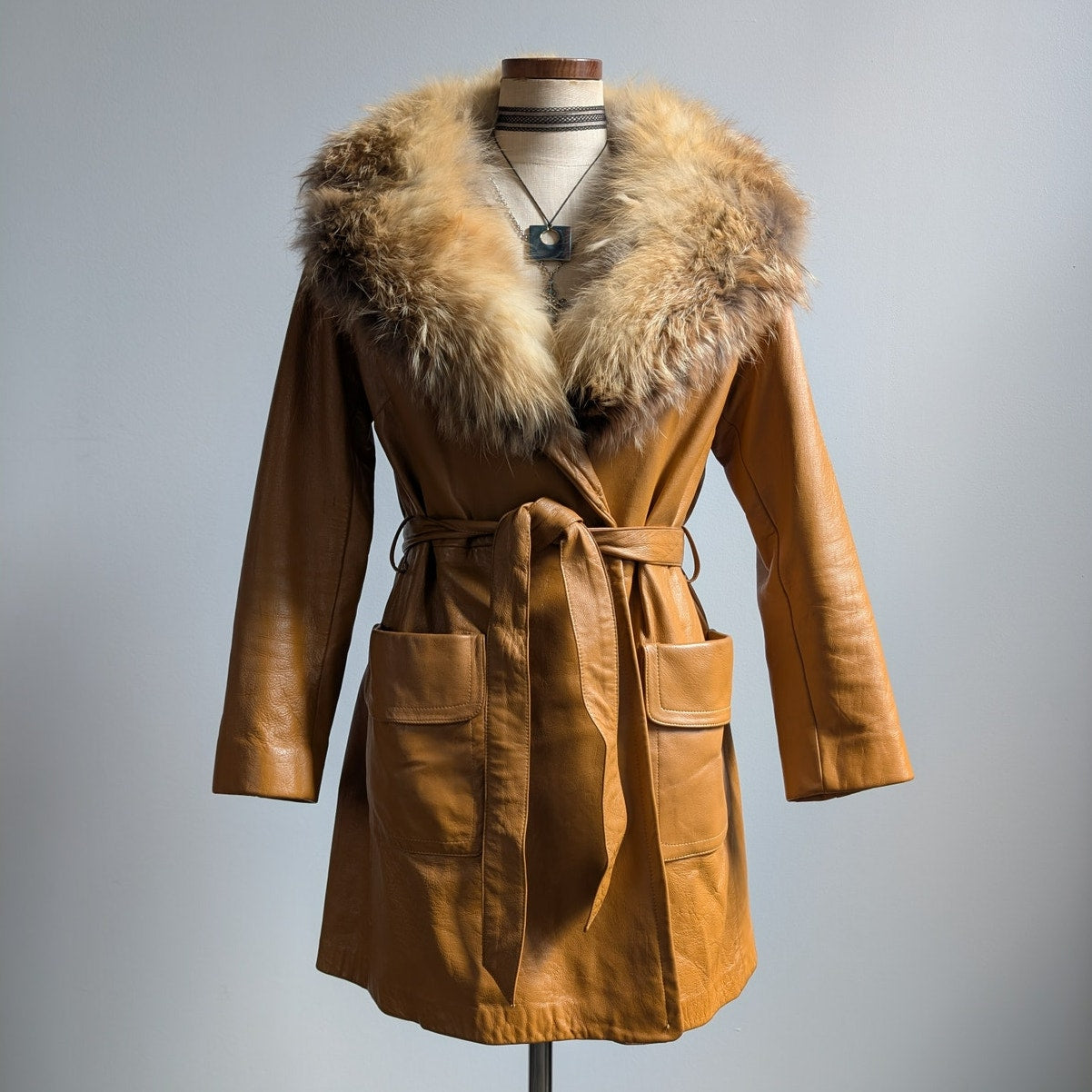 Vintage Mustard Leather Penny Lane Jacket Groovy Fur Trim 70s Trench Coat Medium