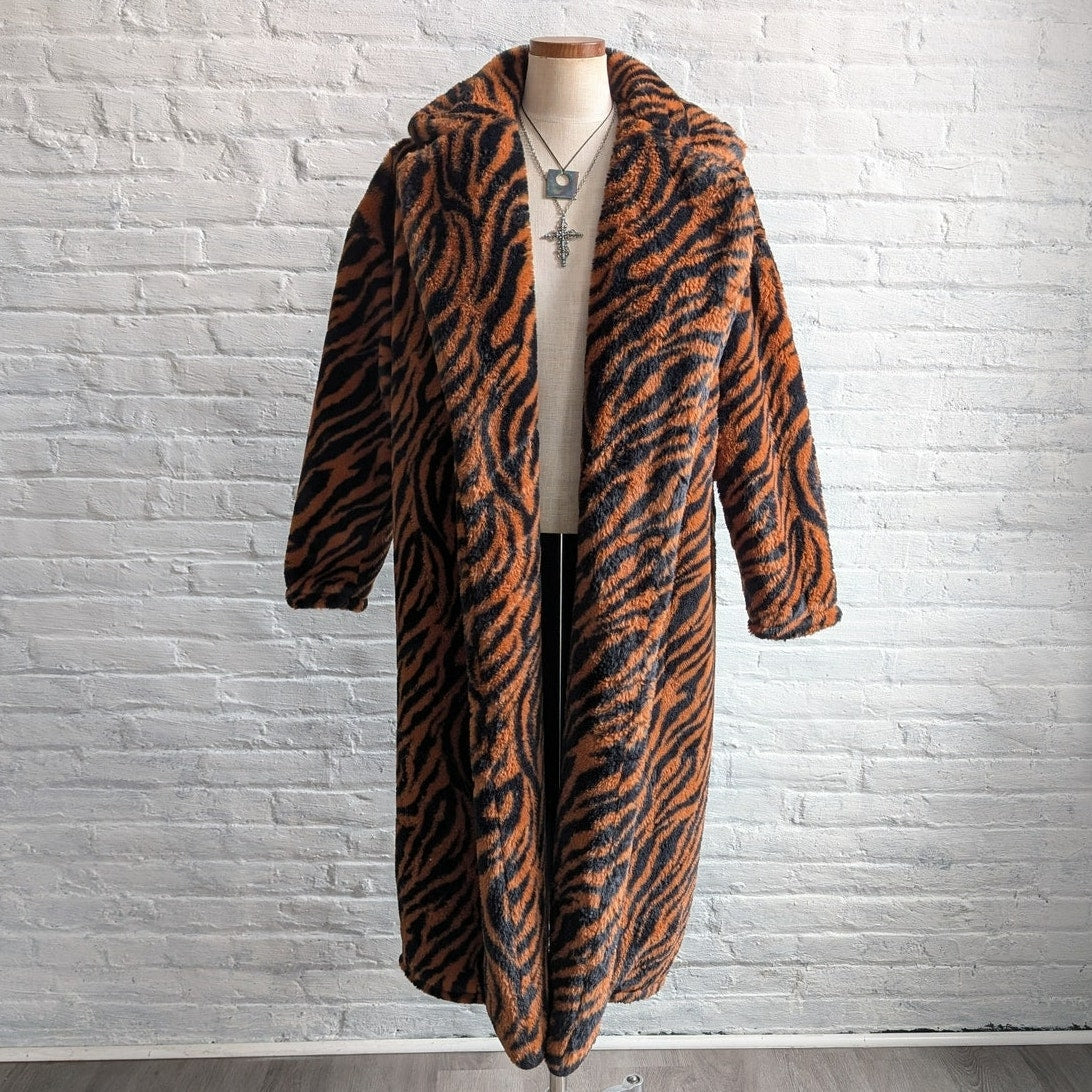 Y2K Orange Cheetah Faux Fur Trench Coat Striped Animal Print Fuzzy Furry Jacket