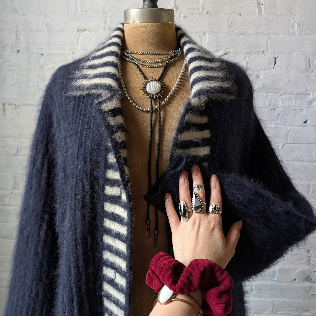 Vintage Blue Stripe Knit Sweater Jacket Furry Mohair Cardigan Granny Coat Medium