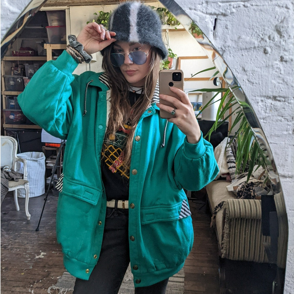 Vintage Oversize Sweater Jacket Reversible Green Sweat Jacket Fleece Coat Large