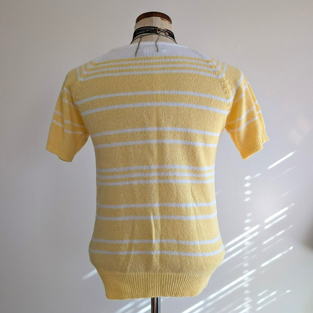 Vintage 90s Yellow White Striped Knit Top S Basic Editions Short Sleeve Sweater