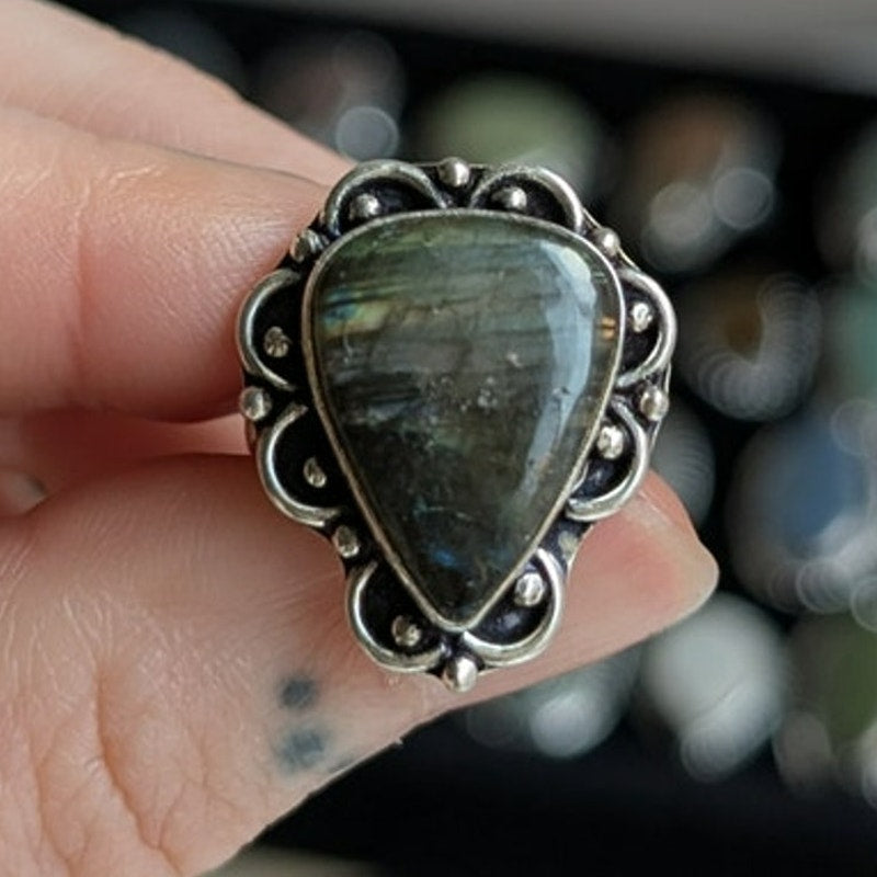 Grey Teardrop Sterling Silver Midi Ring Retro Vintage Boho Natural Stone Size4.5