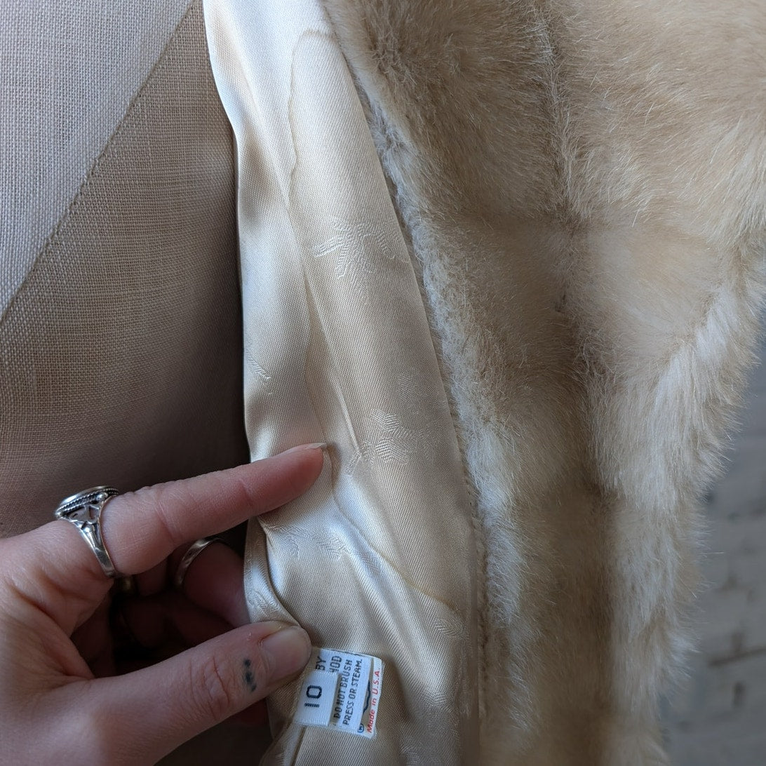 Vintage White Faux Fur Trench Coat Afghan Furry Mob Wife Boho Chic Carpet Jacket