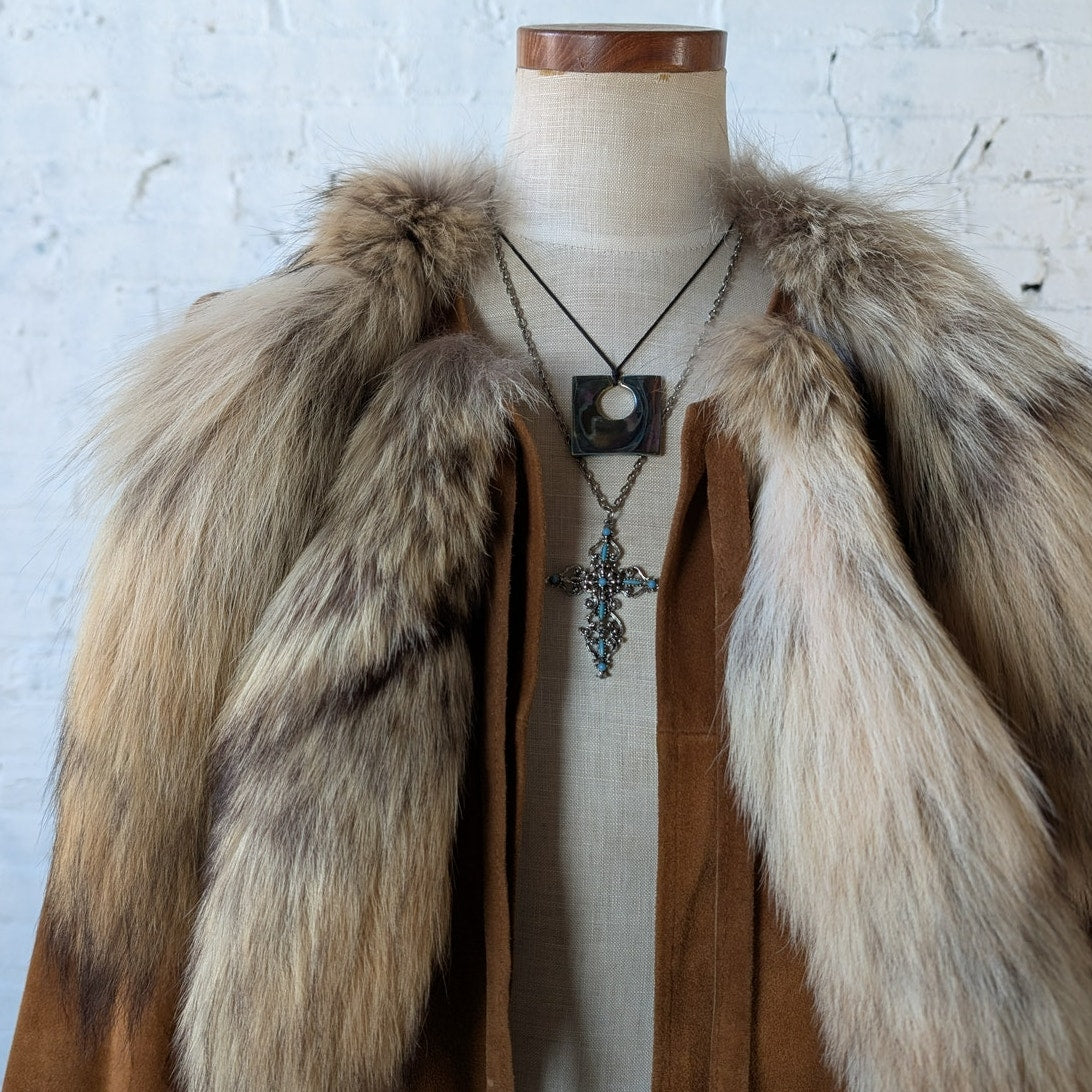 Vintage Brown Leather Jacket Fur Festival Jacket Foxtail Furry Boho Suede Medium