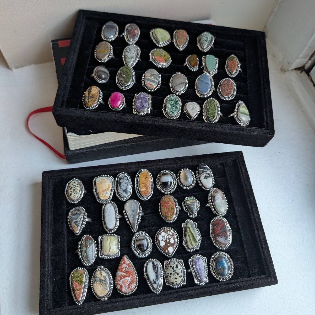 Earthy Rust Grey Natural Stone Ring Boho Chic Y2K Sterling Silver Vintage Size 8