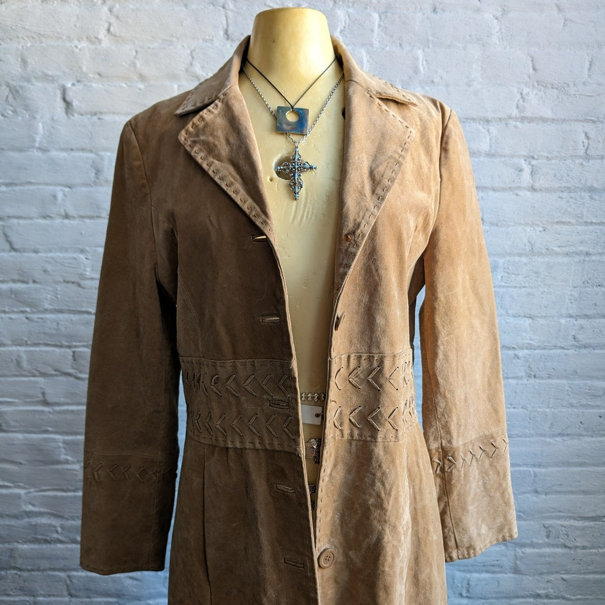Y2K Tan Leather Trench Coat Neutral Suede Jacket Penny Lane Western Boho Large