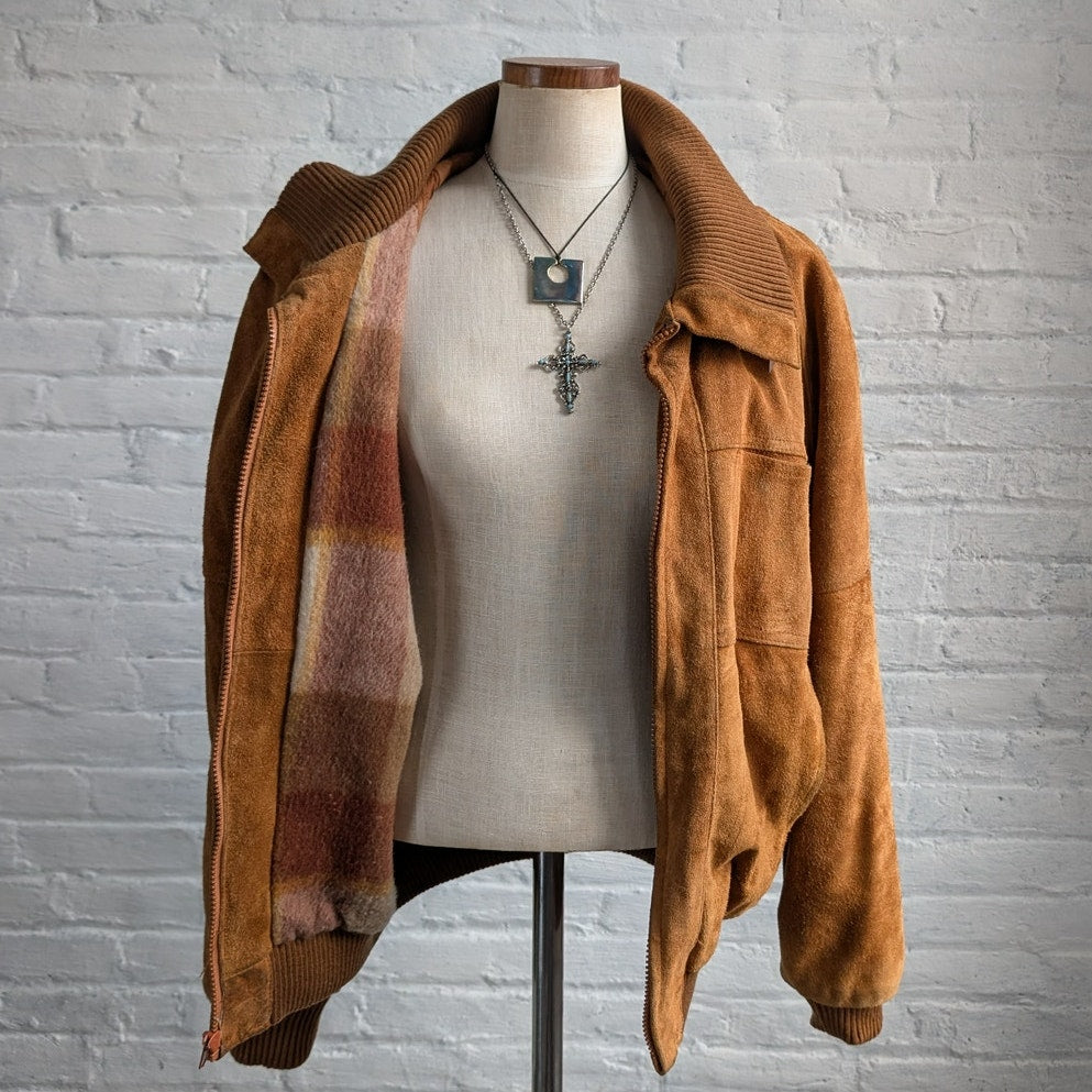 Vintage Orange Genuine Suede Leather Bomber Jacket Rusty Red Western Chore Coat