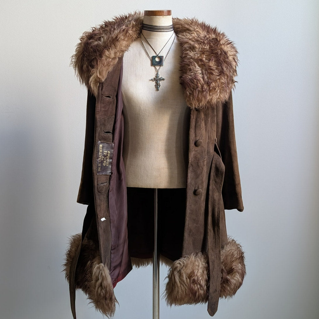 Vintage Brown Suede Fur Trim Penny Lane Jacket Genuine Leather Trench Coat Small