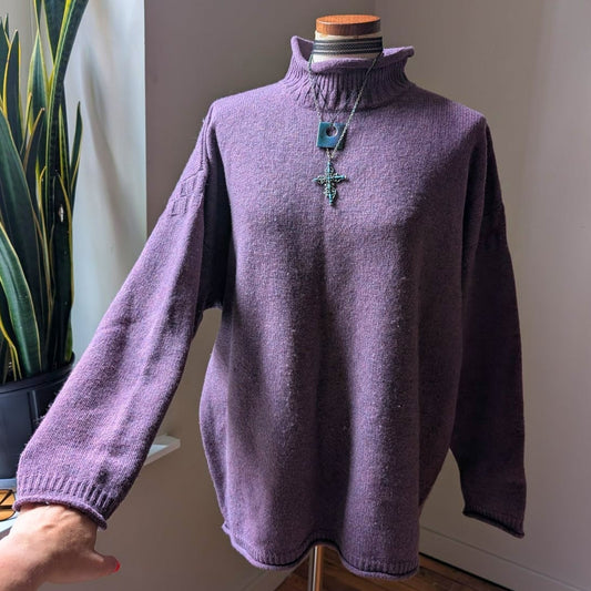 Vintage 100% Wool Knit Turtleneck Sweater XL Purple Oversize Boyfriend Sweater