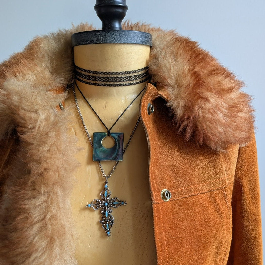 Vintage Orange Suede Penny Lane Afghan Trench Coat Fur Trim 70s Leather Jacket S