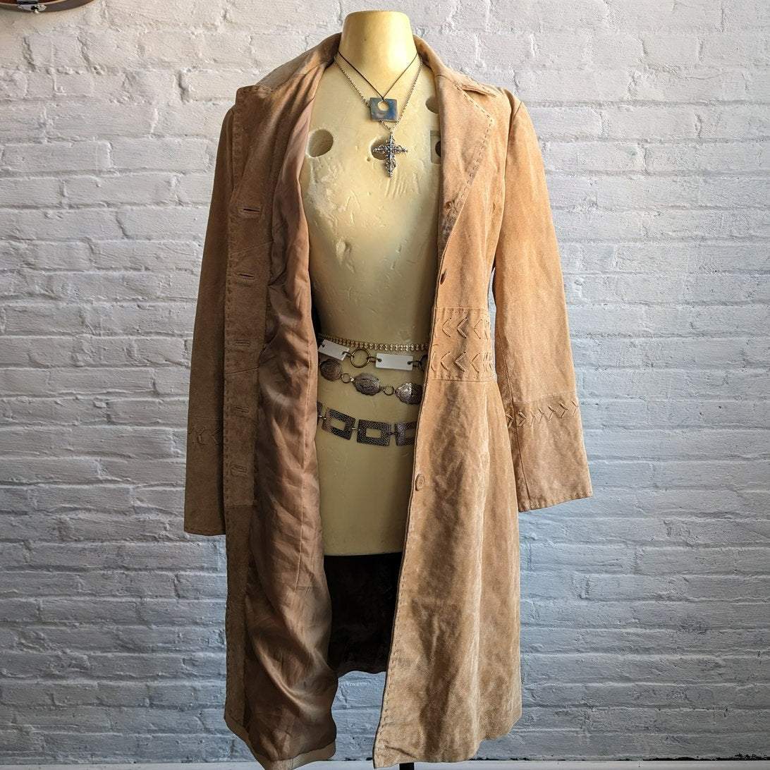Y2K Tan Leather Trench Coat Neutral Suede Jacket Penny Lane Western Boho Large