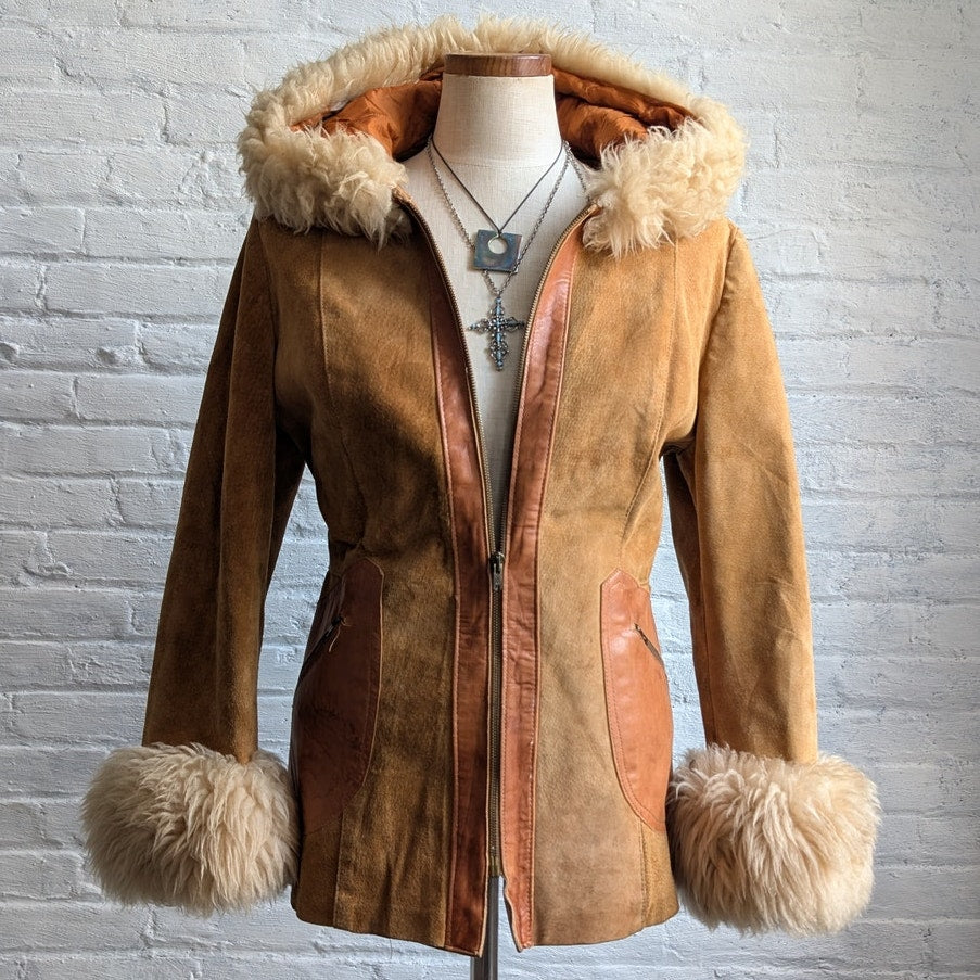 70s Vintage Orange Suede Penny Lane Jacket Groovy Shearling Leather Afghan Coatq