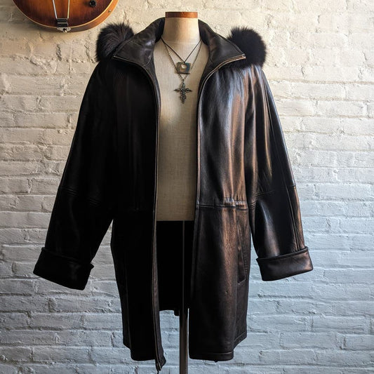 Vintage Black Leather Biker Fur Trench Coat Minimalist Penny Lane Duster Jacket