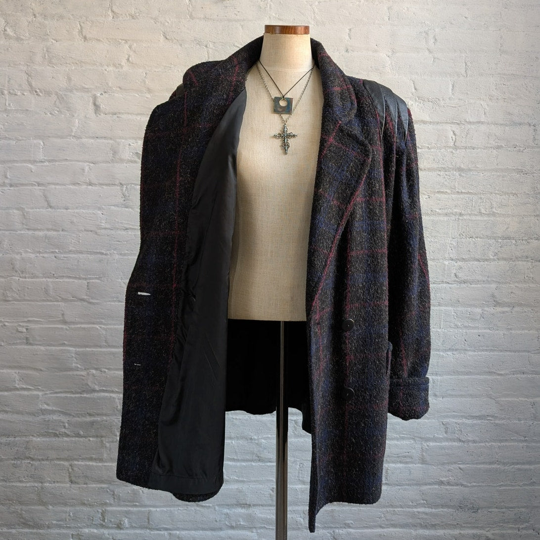 Vintage Black Fuzzy Wool Trench Coat Preppy Plaid Grandpa Sweater Leather Jacket