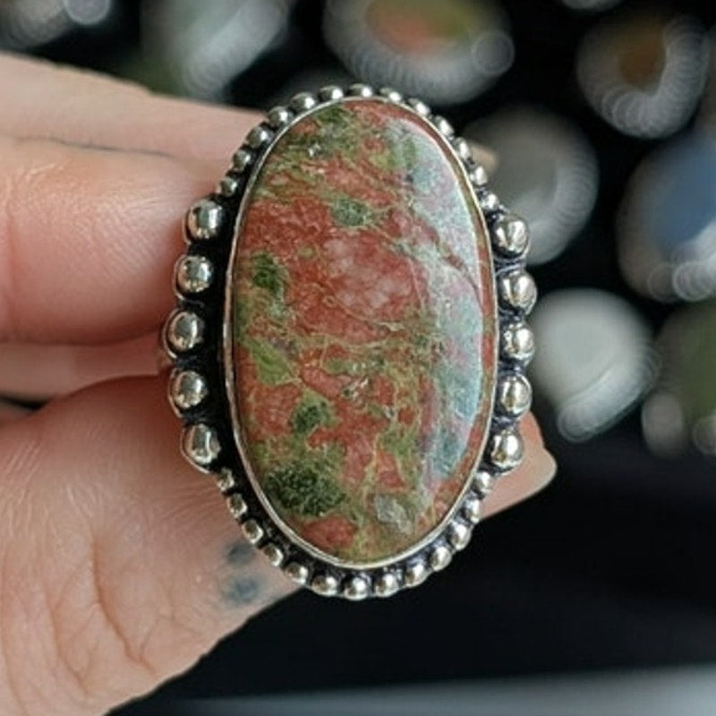 Earthy Green Pink Natural Stone Ring Boho Chic Sterling Silver Vintage Size 9