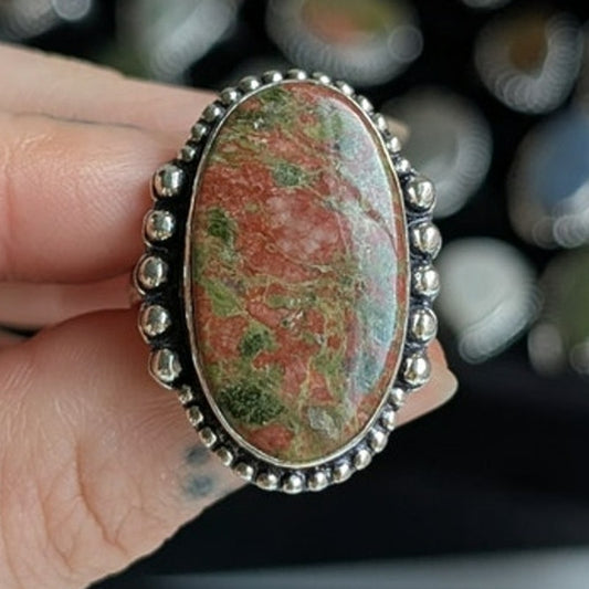 Earthy Green Pink Natural Stone Ring Boho Chic Sterling Silver Vintage Size 9