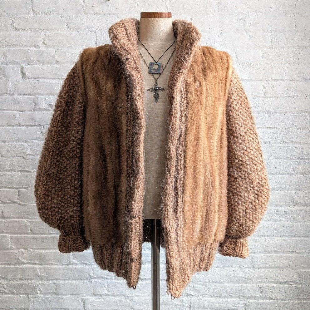 Vintage Chunky Knit Mink Fur Coat Mohair Sweater Vest Minimalist Boho Jacket