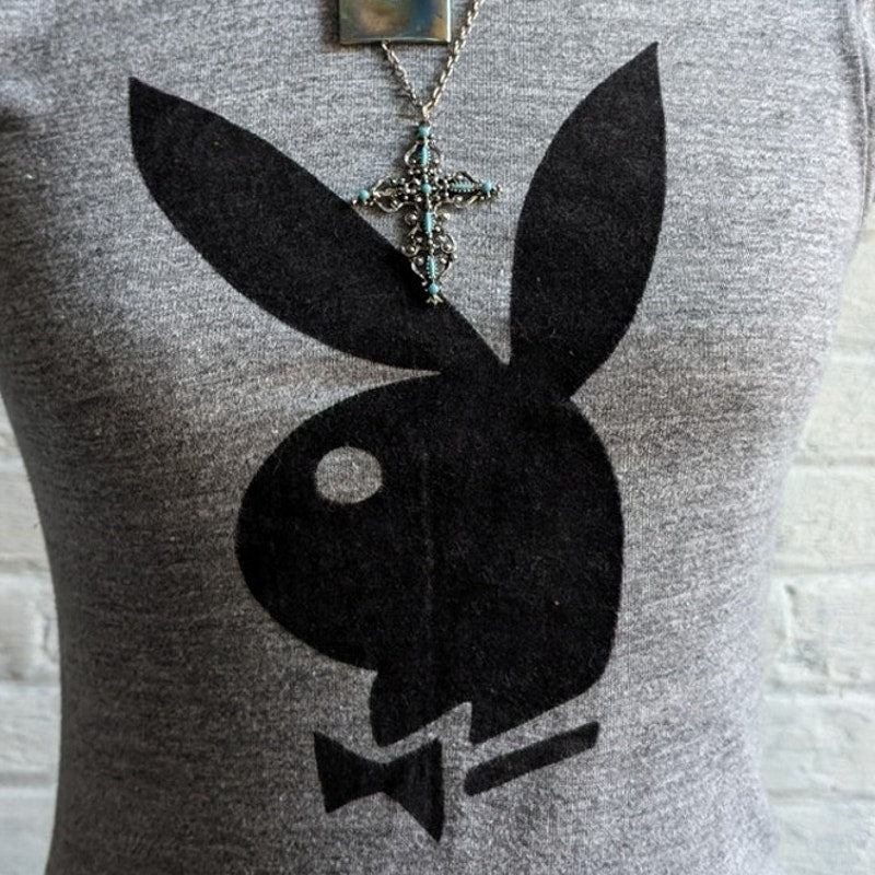 Vintage Velvet Playboy Tee Burnout Graphic Tee 70s Playboy Bunny Grey Top Small