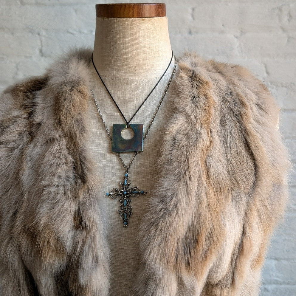 Vintage Cream Rabbit Fur Vest Penny Lane Fuzzy Spotted Groovy Boho Moto Jacket