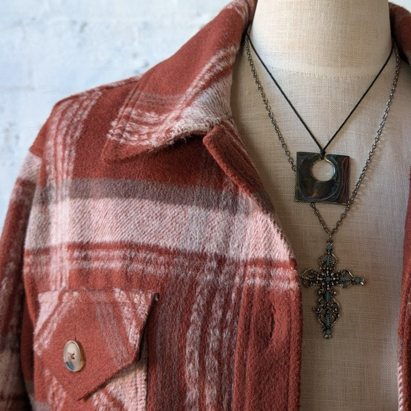Red Plaid Flannel Jacket Gorpcore Utility Shacket Grunge Boho Chic Earthy Small
