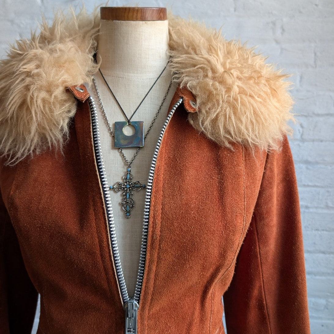 Vintage Orange Suede Penny Lane Jacket Groovy Furry Genuine Leather Western Coat