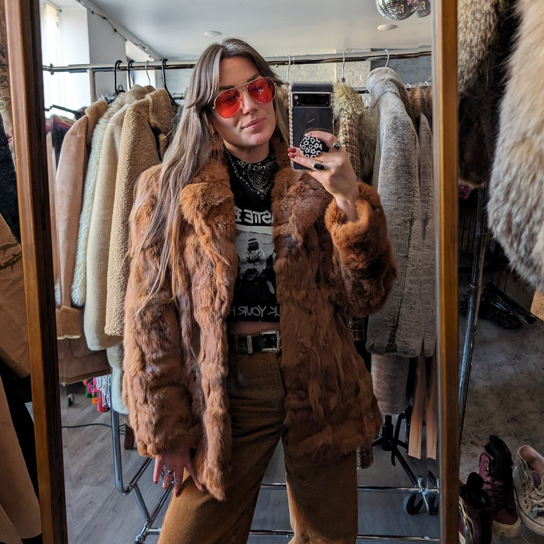 Vintage Mob Wife Rabbit Fur Coat Rusty Red Brown Penny Lane Shaggy Furry Jacket