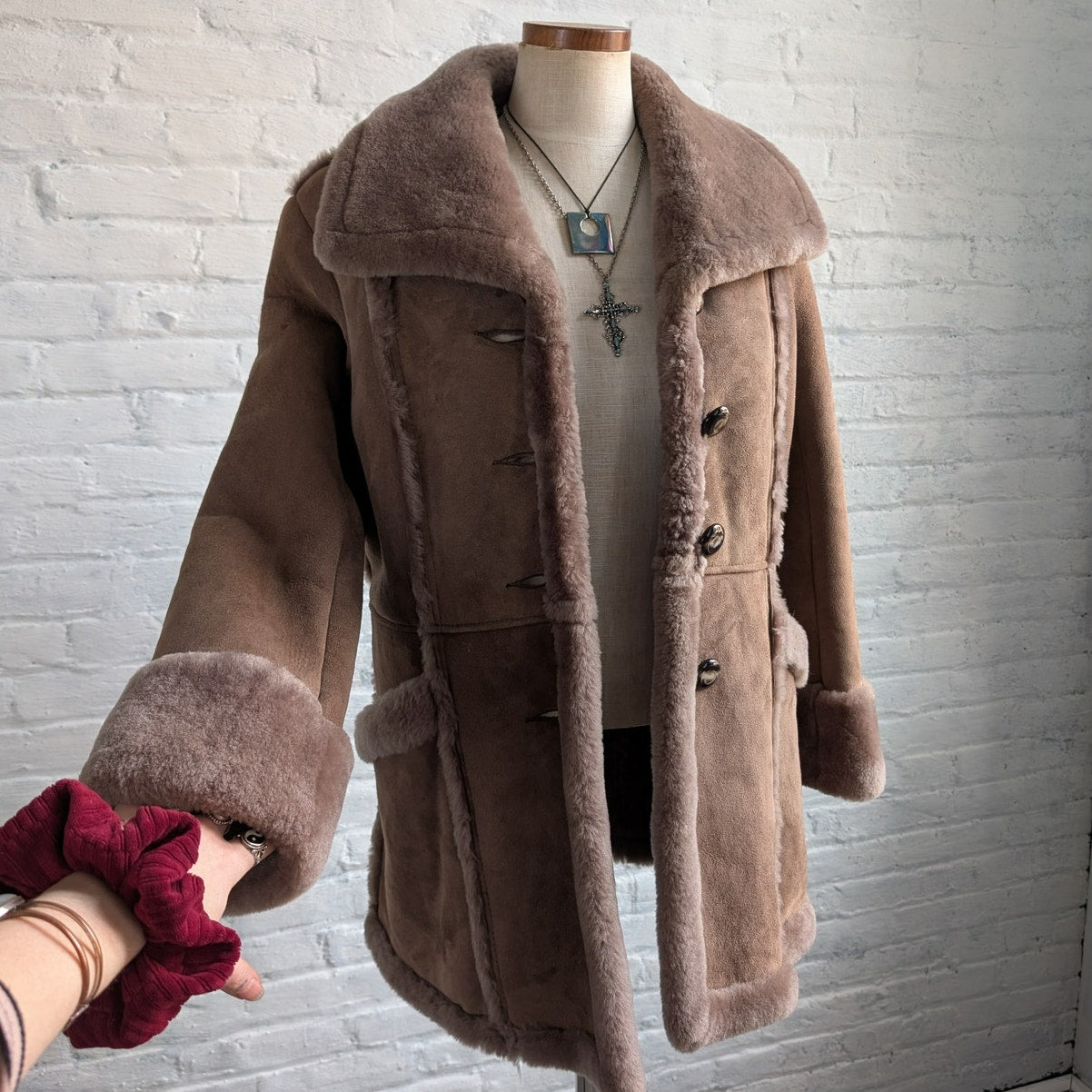 Vintage Brown Suede Leather Penny Lane Coat Shearling Minimalist Cozy Fur Jacket