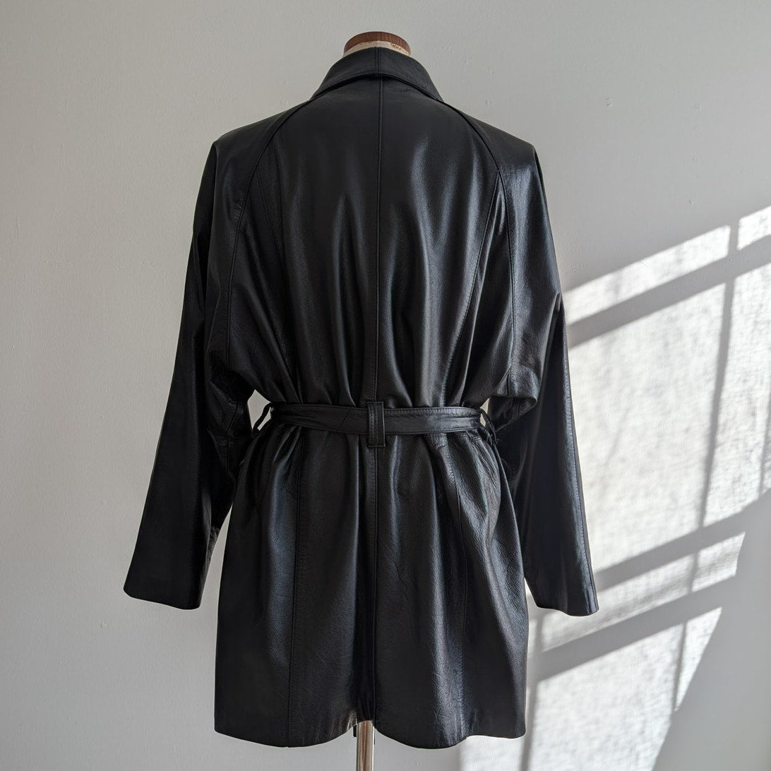 Vintage Black Leather Jacket Leather Trench Coat Minimalist Goth Duster Large XL