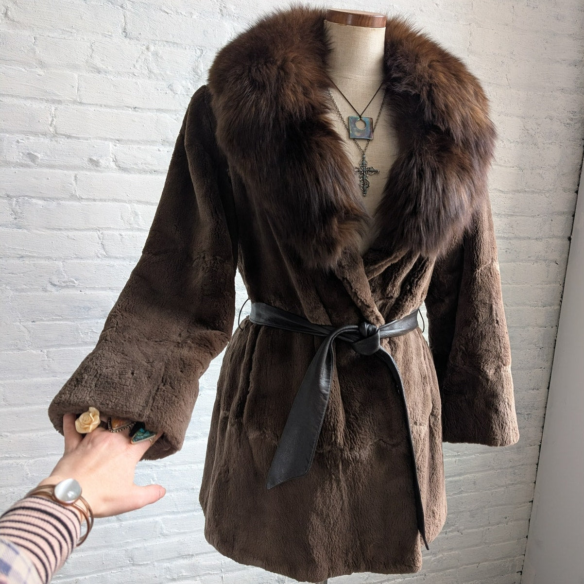 Vintage Brown Fox Fur Penny Lane Coat Mob Wife Leather Belted Furry Trench Coat