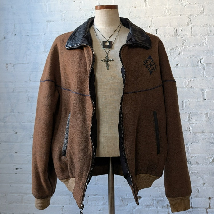 Vintage Brown Wool Leather Bomber Jacket Western Utility Cowboy Chore Coat Large