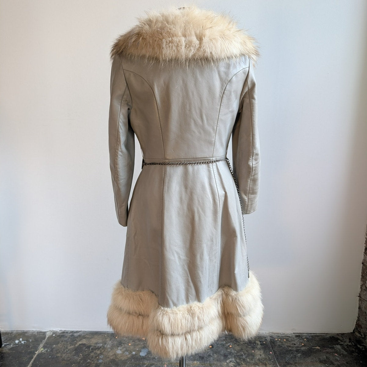 Vintage Leather Penny Lane Coat Grey Cream Fur Trim Trench Afghan Jacket Medium