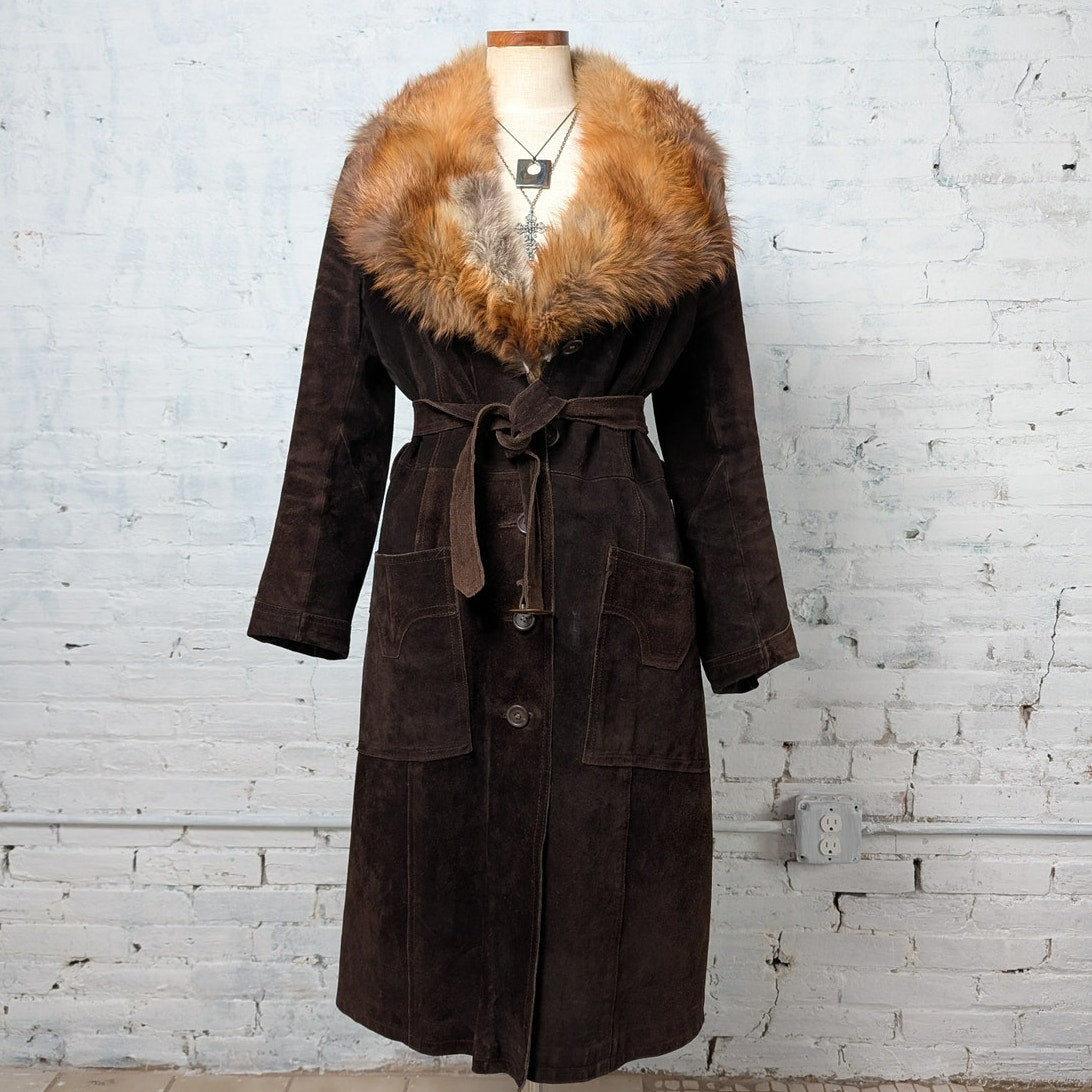 Penny Lane Coat Vintage Brown Leather Trench Coat Brown Suede Fur Coat Large