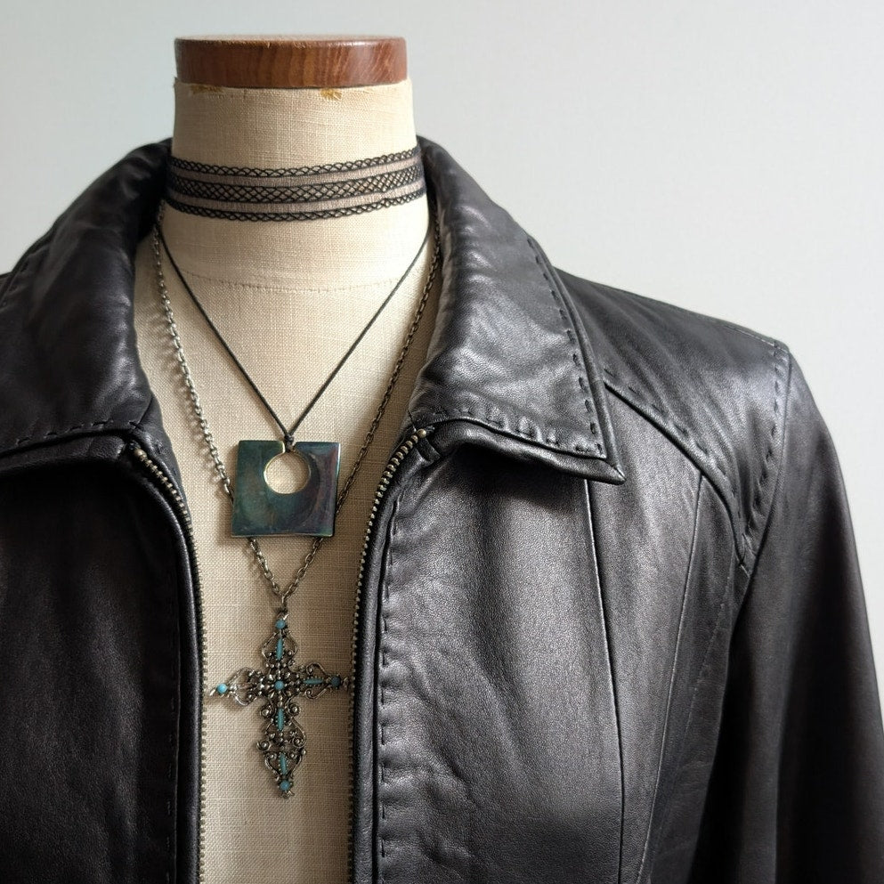 Y2K Vintage Black Leather Moto Jacket Lambskin Coat Minimalist Biker Goth Large