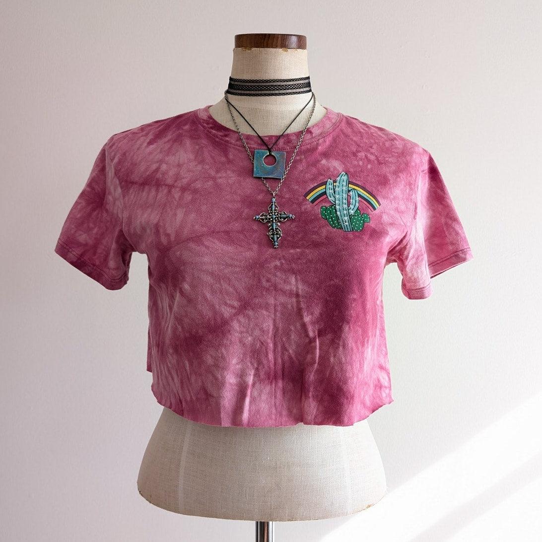 Y2K Pink Tie Dye Graphic Tee Crop Top S Concert Festival Cactus Boho Chic Top