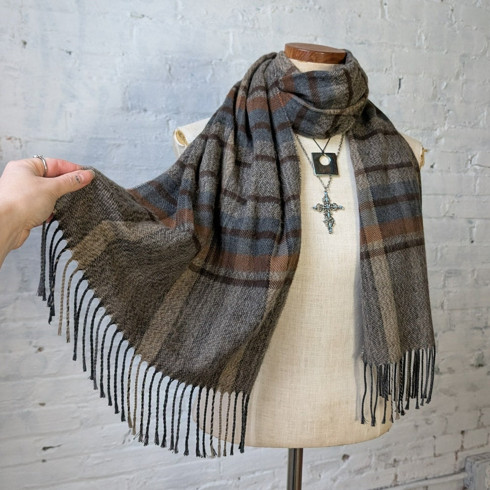 Vintage Knit Earthy Plaid Fringe Scarf Italian Striped Flannel Fuzzy Shawl Wrap