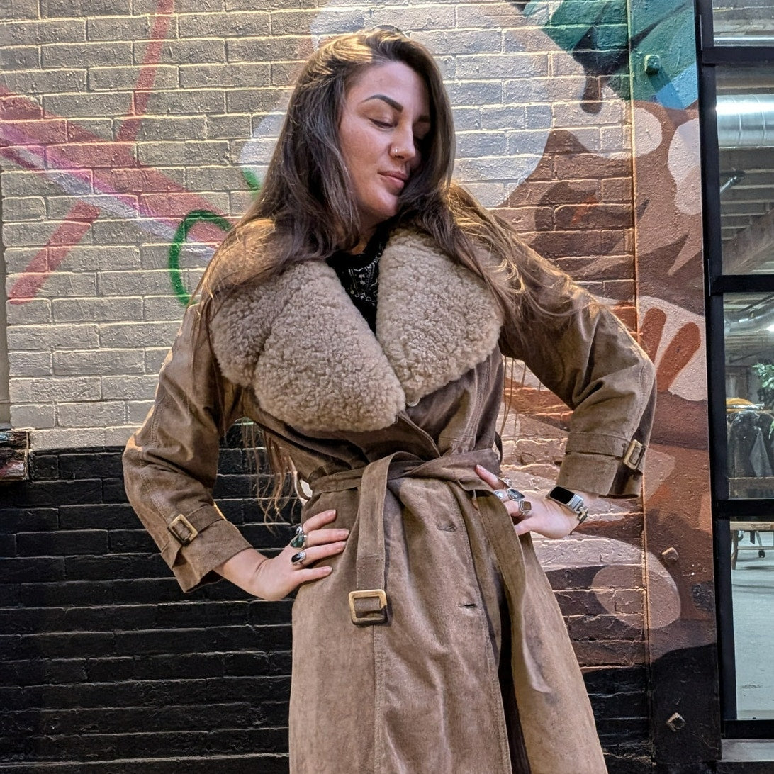 70s Vintage Penny Lane Tan Suede Fur Trench Coat Genuine Leather Groovy Duster