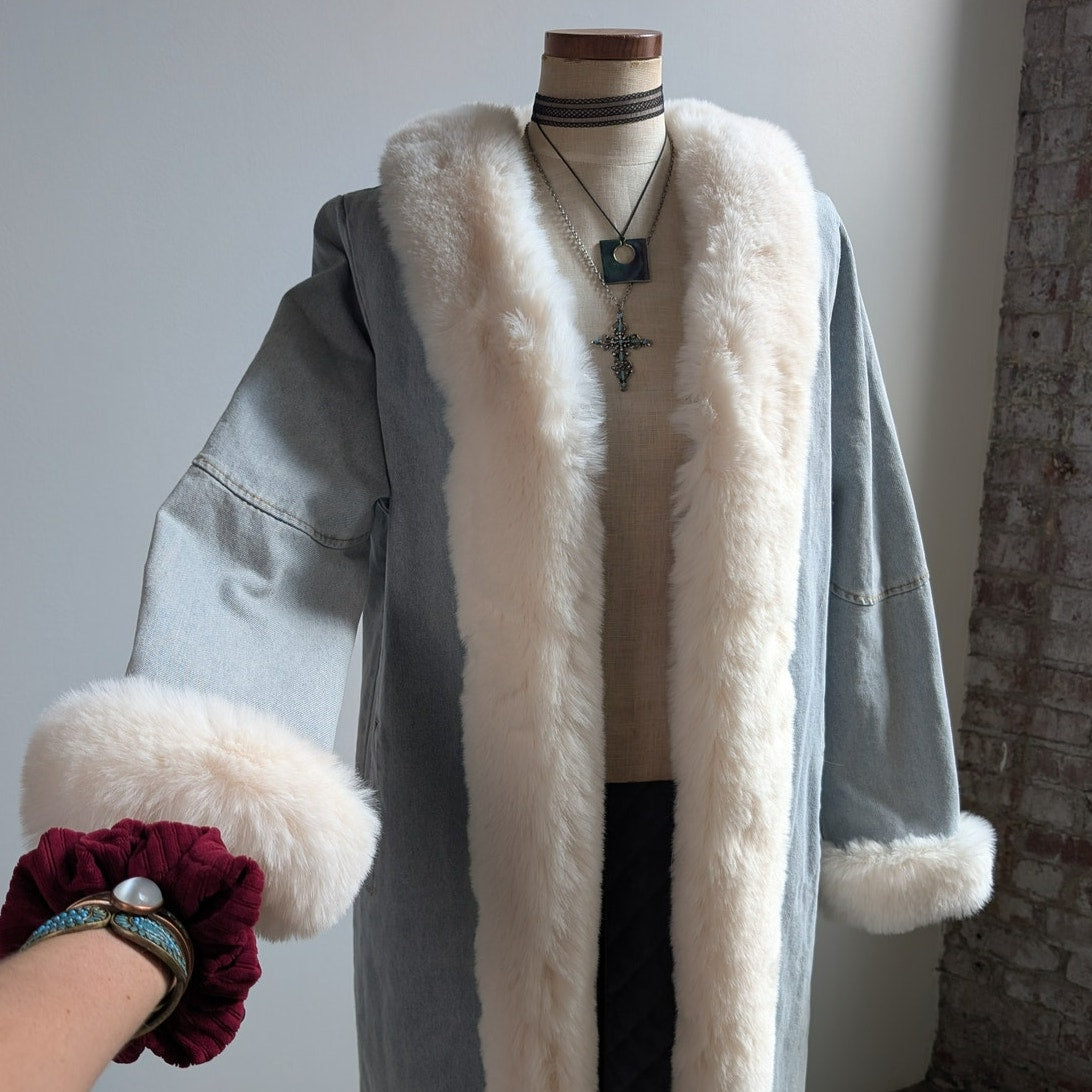 Y2K Faux Fur Penny Lane Afghan Coat Denim Trench Coat 90s Boho Jean Jacket Med