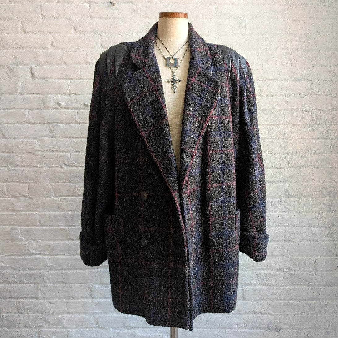 Vintage Black Fuzzy Wool Trench Coat Preppy Plaid Grandpa Sweater Leather Jacket
