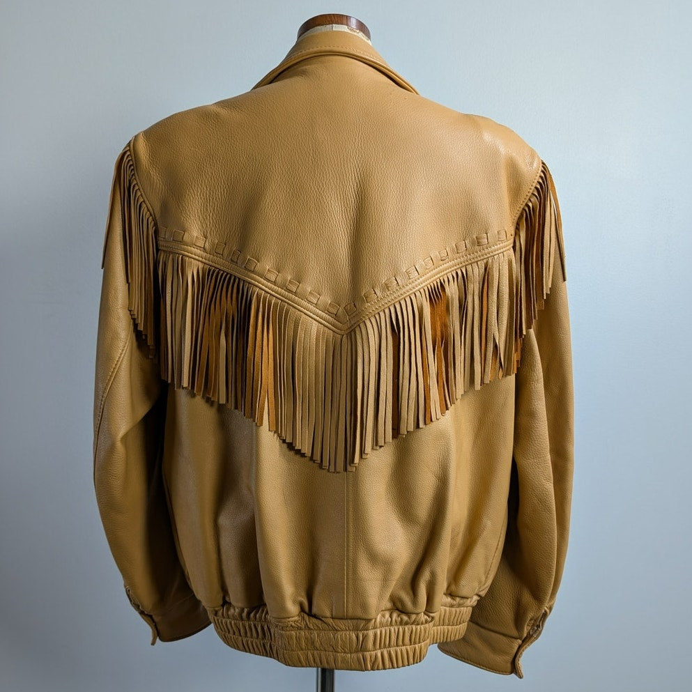 Vintage Neutral Leather Jacket 70s Fringe Biker Western Moto Bomber Coat Large