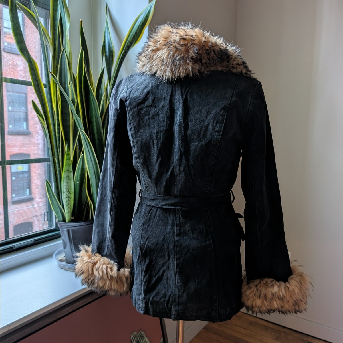 Vintage Black Leather Jacket Suede Fur Coat Penny Lane Trench Boho Afghan Small