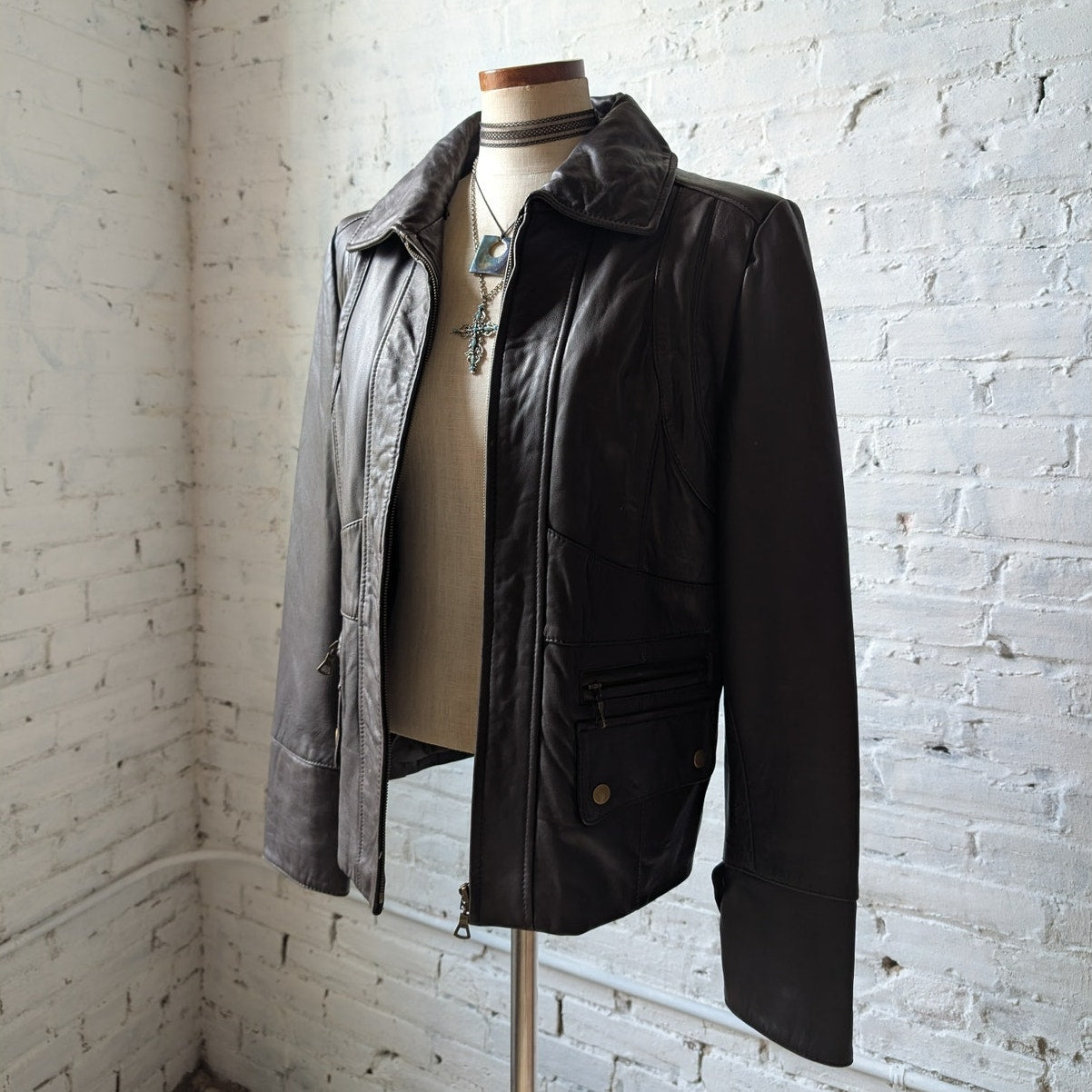 Vintage Brown Leather Jacket Y2K Sexy Lambskin Moto Chic Biker Bomber Coat Large