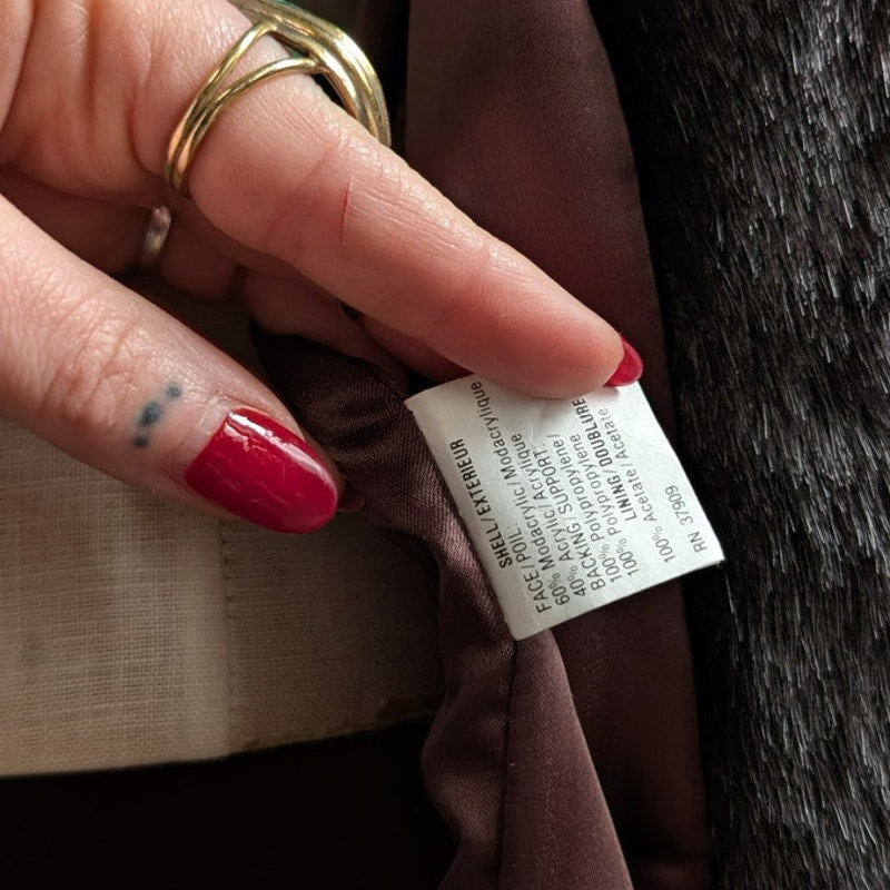 Vintage Black Faux Fur Coat Fur Trim Jacket Mob Wife Minimalist Goth Chic Medium