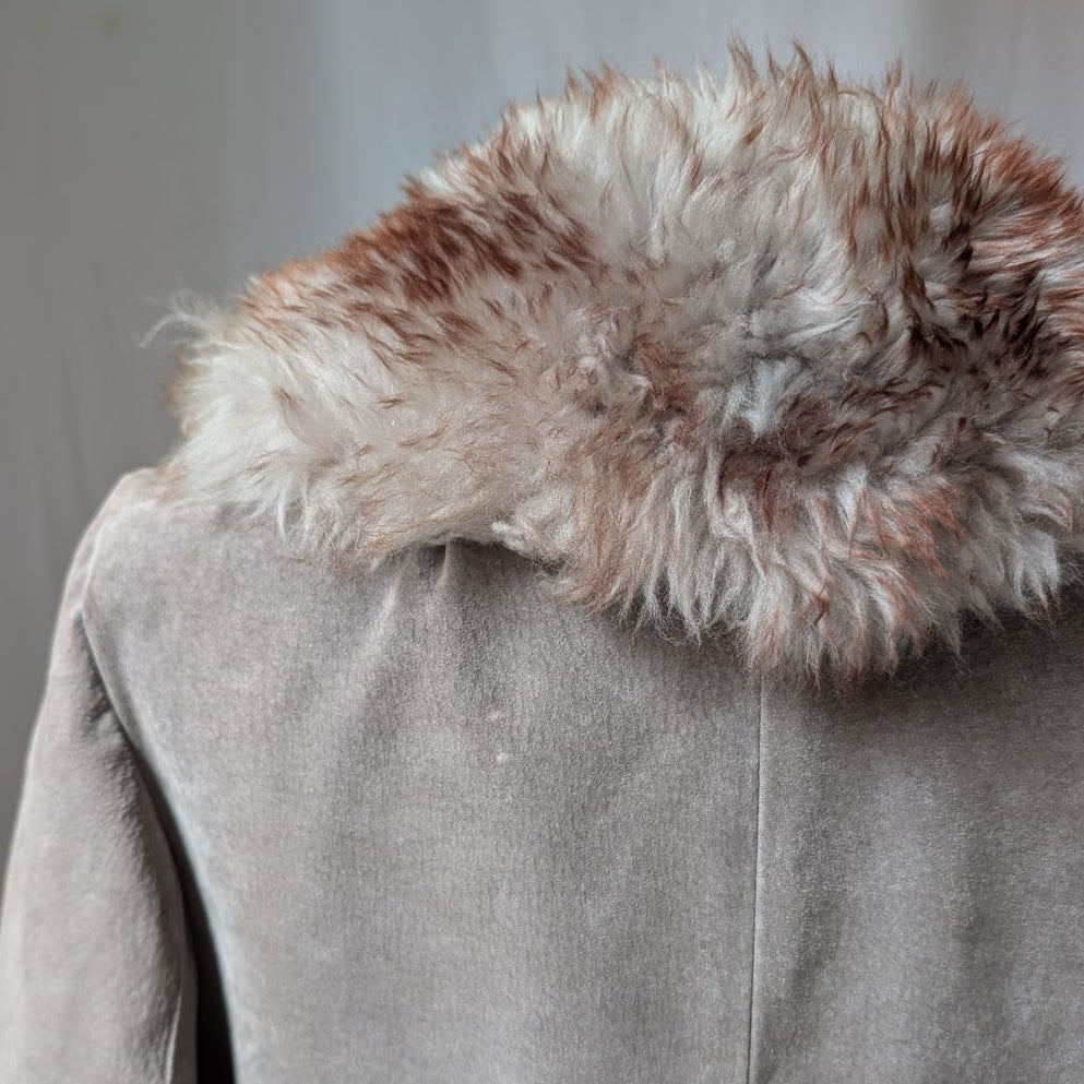Vintage Suede Penny Lane Fur Trim Jacket M Tan Shearling 70s Leather Trench Coat